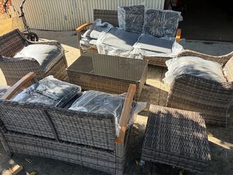 7 Pcs Patio Furniture Set with Chairs, Wicker Patio Conversation Set, Outdoor Patio Set with 2 Chair & 3-seat Sofa and 2-seat Sofa,2 Ottomans and Coff