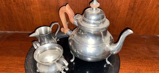 Antique Pewter Tea Set W/tray