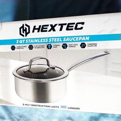 

HEXTEC 3 Qt 3 Ply Hybrid Sauce Pan w/ Tempered Glass Lid Kitchen Cookware BRAND  NEW 
