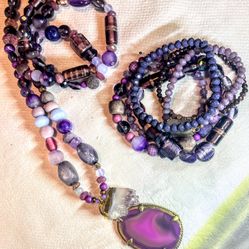 Amethyst Glass And Stone Breaded Necklace And Bracelets