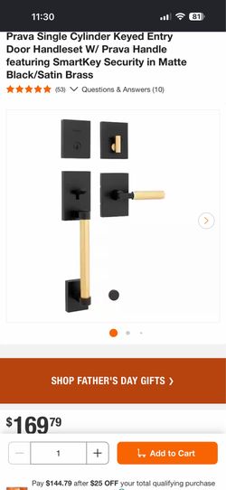 Prava Single Cylinder Keyed Entry Door Handleset W/ Prava Handle featuring SmartKey Security in Matte Black/Satin Brass
