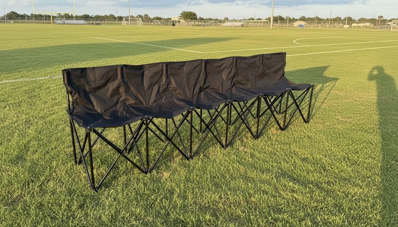 Portable Folding 6 Seater Sports Sideline Bench! Good condition, some cosmetic wear but sturdy. 100x19x30in Seat Height 17in