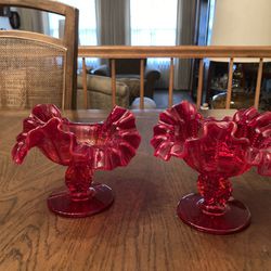 Vintage Viking Glass Candle Stick Holders Red