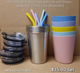 Stainless Steel Kids Cups with Lids and Straws - Leakproof, 5 Pack 12oz (Multicolor)