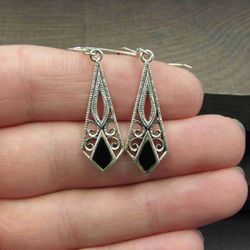 Sterling Silver Small Black Diamond Inlay Earrings Vintage