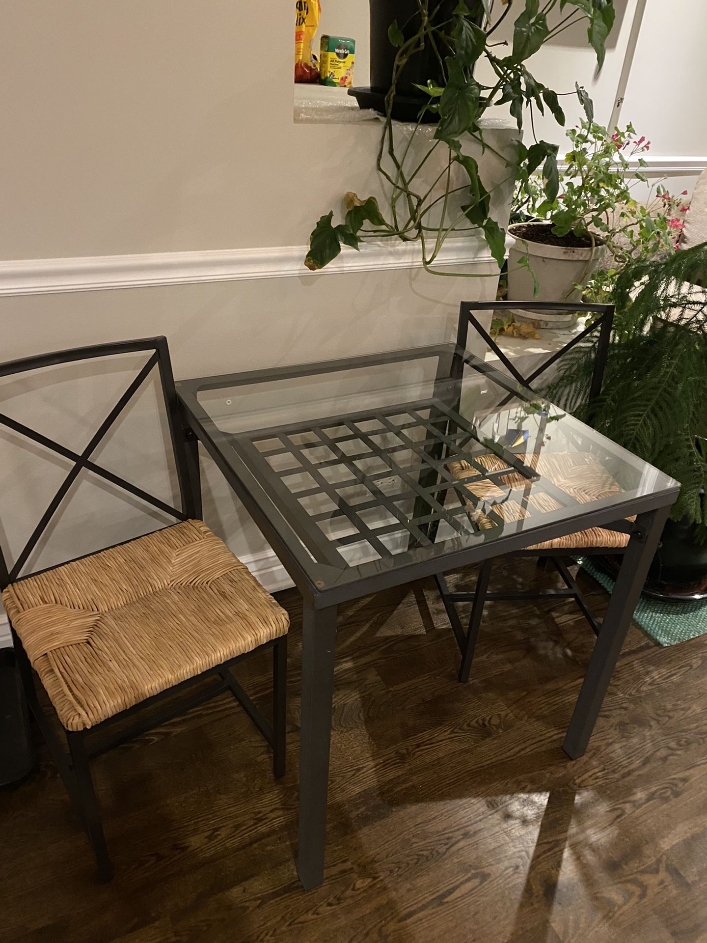 IKEA Glass Top Dining Table W/ 2 Rattan Seat Dining Chairs