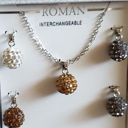 Roman Interchangeable Beads Rhinestone Silvertone Necklace 