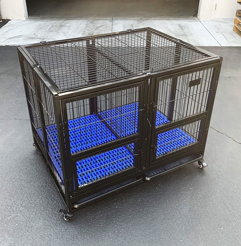 $190 (New) Folding heavy duty dog cage 41x31x34” double-door stackable kennel w/ divider, plastic tray