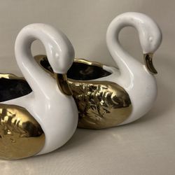 Vintage Set Of 2 Swan Figurine Bowl Succulent Planter Home Decoration Accent