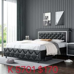 King Bed Frame with Diamond Headboard, Faux Leather Upholstered Platform Bed(5701)