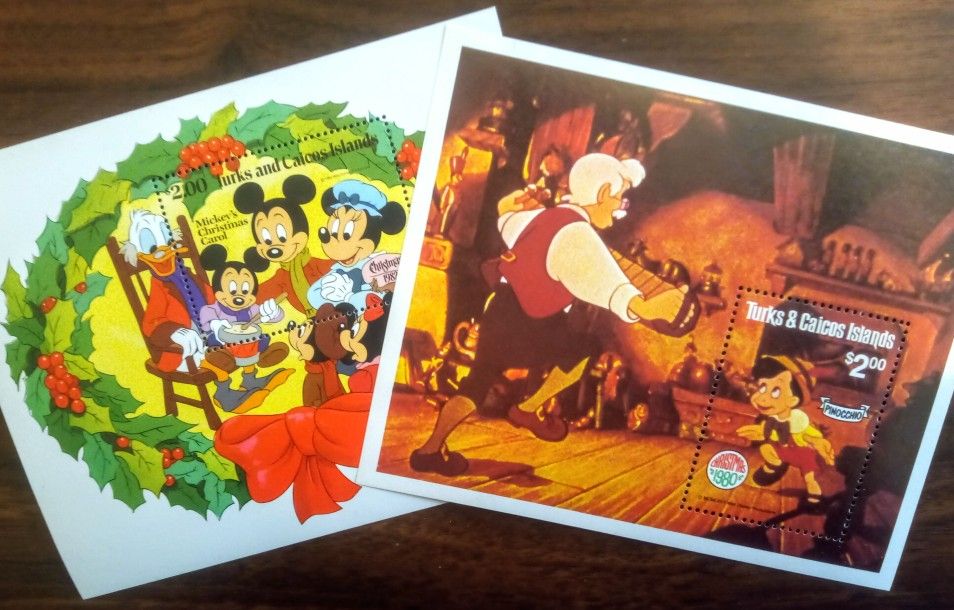Collectable Turks & Caicos Mickey Pinocchio Christmas Souvenir Set Of 2 Stamp Sheets MNH