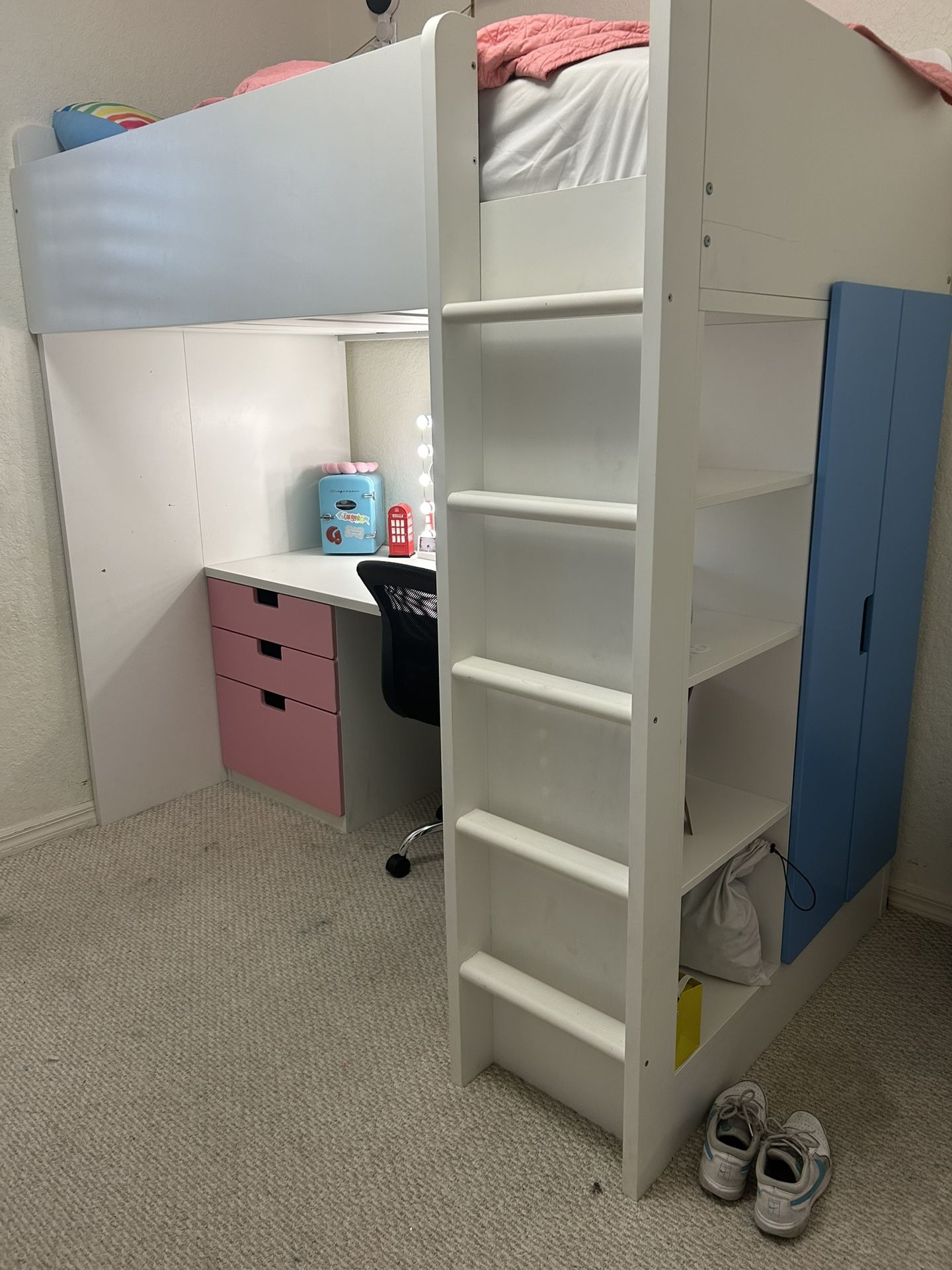 Ikea loft bed with pink drawers and blue closet (willing to negotiate price)