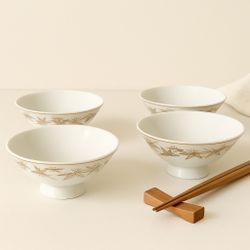 Japanese Vintage 1960s Set Of 4 Bamboo Leaf Rice Bowls Gold Trim, 5x2.25”