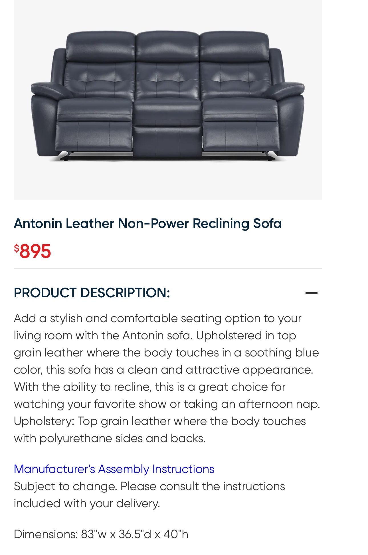 Blue Reclining Sofa