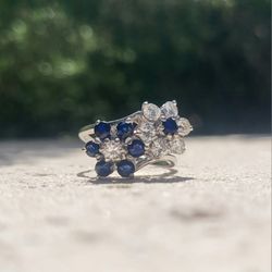 14K Gold Flower 0.91 Sapphire 0.84 Ct Diamond Ring (Jewelry Box Included)