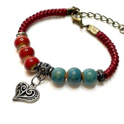 Red Turquoise Macrame bracelet silver heart charm ceramic beads blue