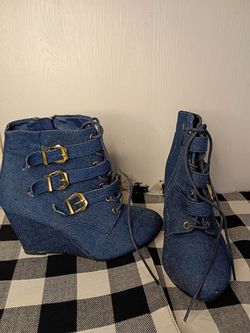 Denim Wedge Ankle Boots with Gold Buckles