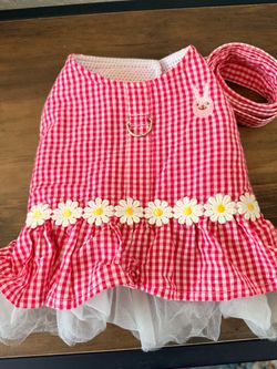 SMALL: Red and white gingham check pattern dress with D ring and leash