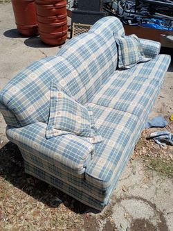Vintage Blue Plaid Sofa with Cushions