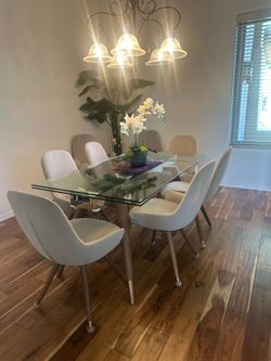 Contemporary Glass-Top 6-to-8 Seat Dining Table Set w/Steel & Wood Accents