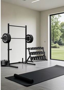 750 lb Capacity Adjustable Squat Rack with Pull Up Bar for Home Gym 32 Adjustable J-Hook Positions, 800Lb Load Capacity, Multi-Functional Bench Press