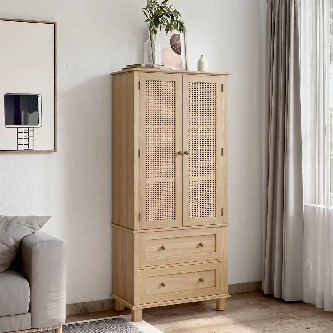 Tall Storage Cabinet with Rattan Doors & Drawers, Versatile Accent Cabinet for Living Room