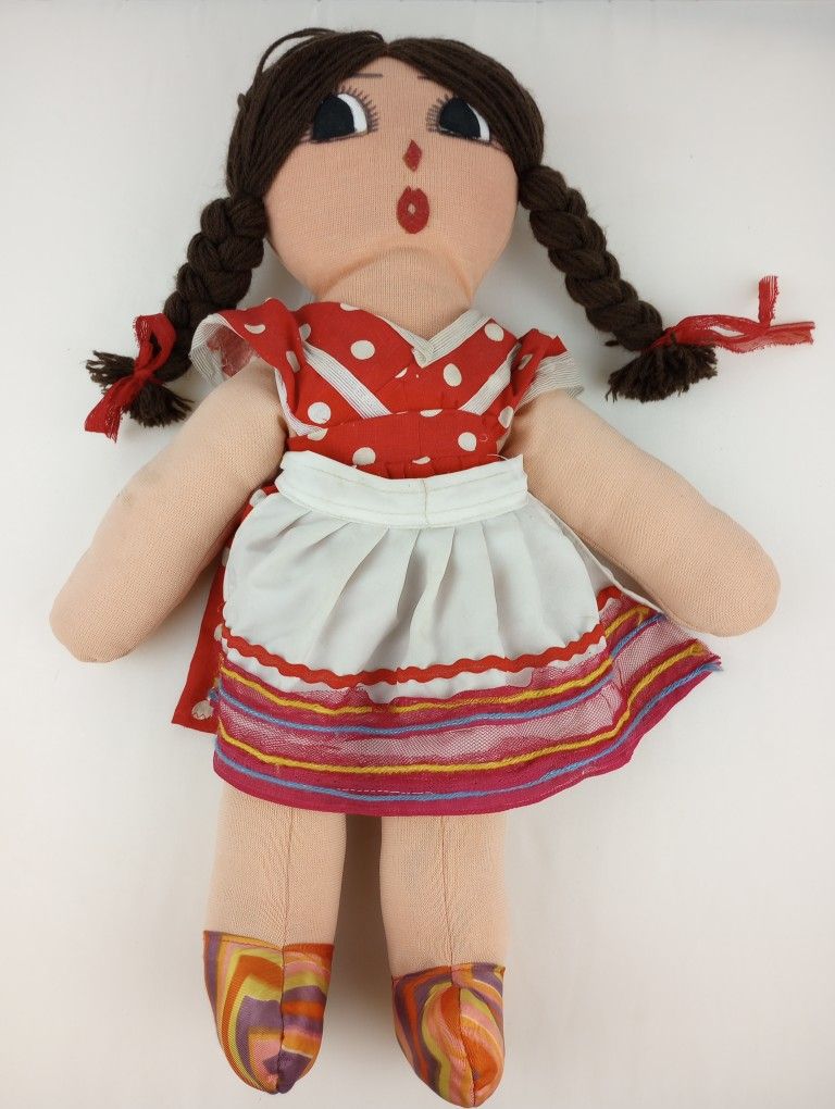 Vintage Handmade 20" Cloth Rag Doll Red Dress Brown Braided Hair Pigtails