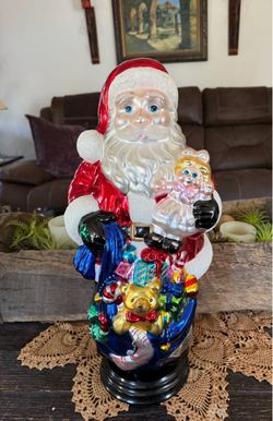 18” Traditions Hand Painted Blown Glass Santa Figure on wooden base