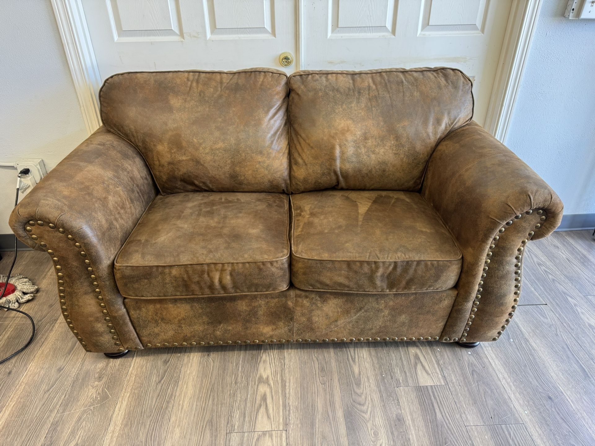 Faux Leather Loveseat – Rustic Brown | Nailhead Trim | Deep Cushions
