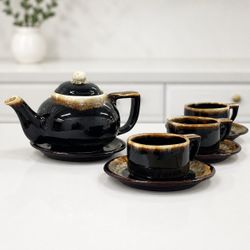 Pfaltzgraff Gourmet Brown Drip Glaze Coffee/Tea Set Teapot Cups Saucers USA MCM