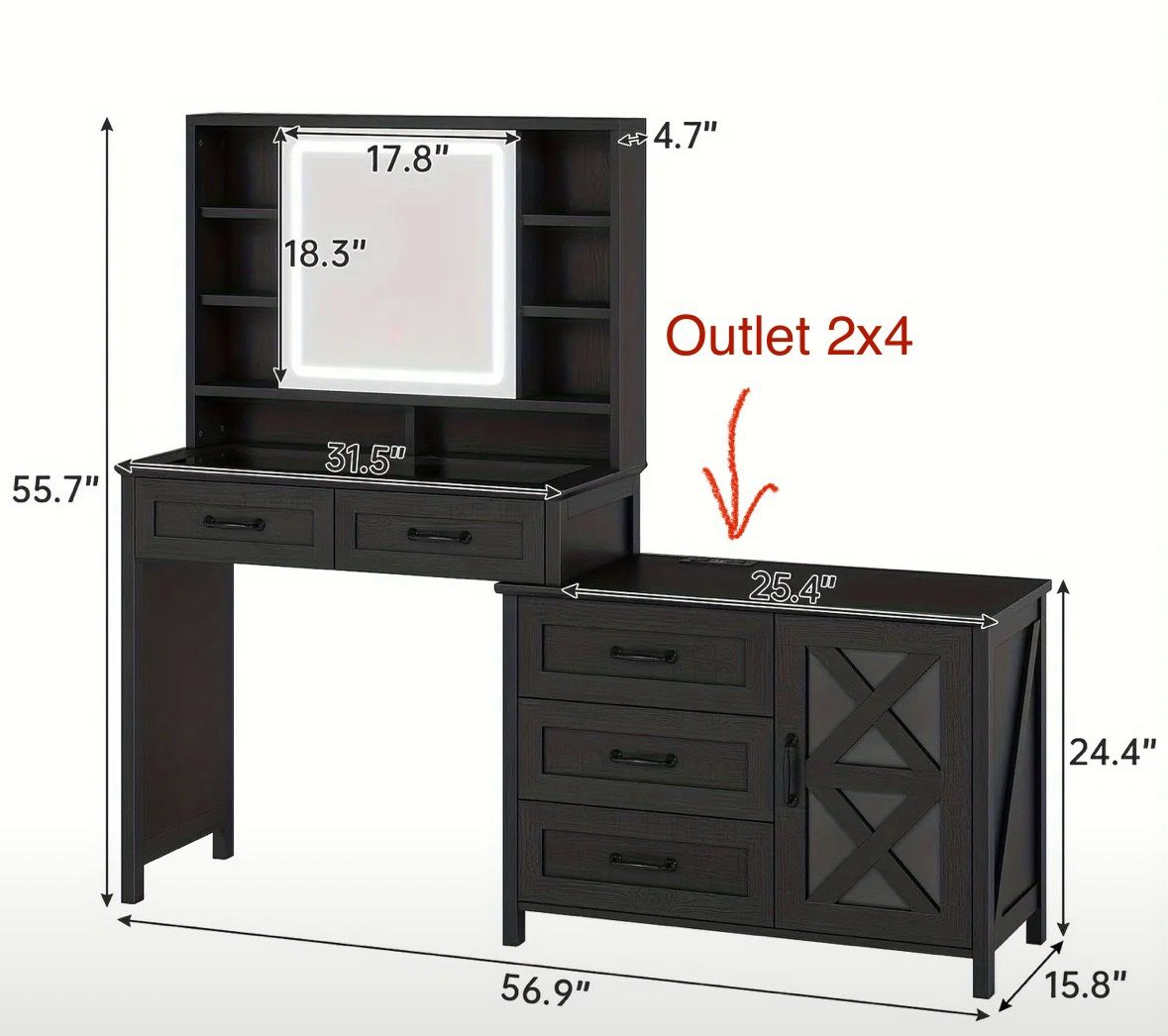 Black 5-Drawer Farmhouse Makeup Vanity
