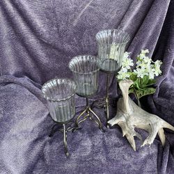 Set Of 3 Glass & Metal Candle Holders