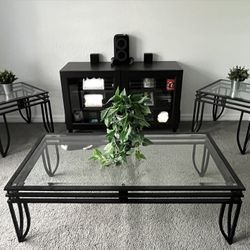 Used Exeter Contemporary Glass Top Occasional Table Set of 3, Black Signature Design by Ashley 