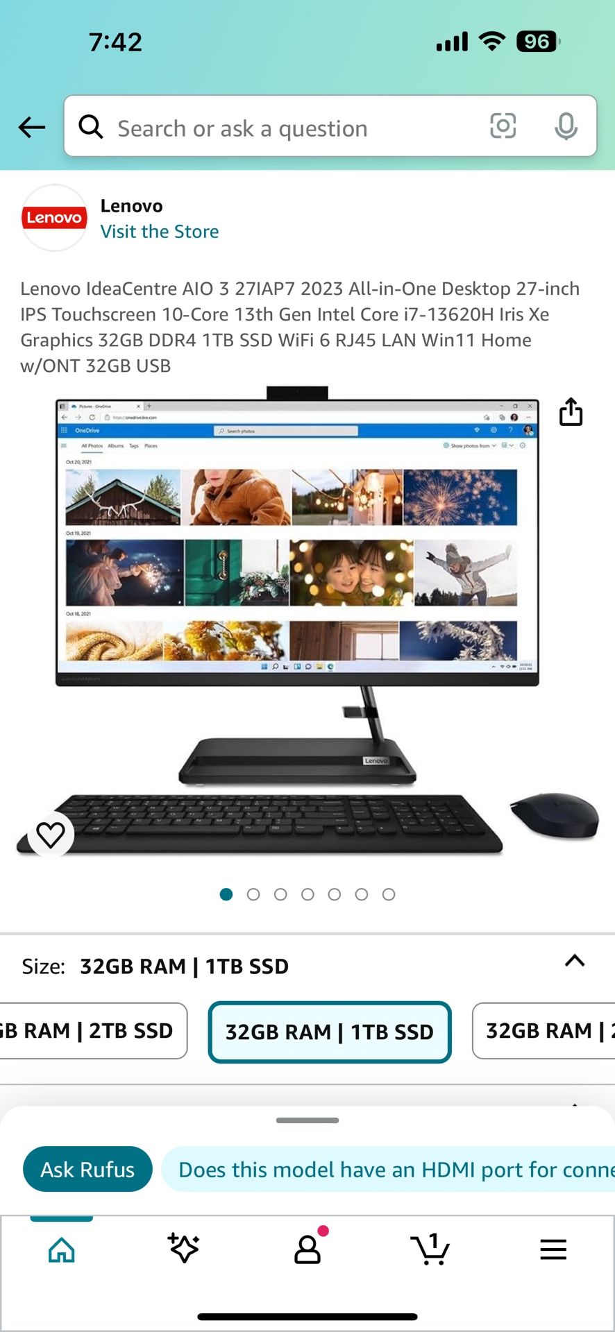 Lenovo IdeaCentre AIO 3 27IAP7 2023 All-in-One Desktop 27-inch IPS Touchscreen 10-Core 13th Gen Intel Core i7-13620H