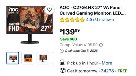 AOC 27” Curved Gaming Monitor 180Hz 0.5ms FHD 1080p C27G4H