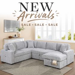 Luxury Jumbo Corduroy Sleeper Sectional w/ Pull Out Bed