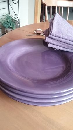 Plates - four purple hand painted stoneware and four linen napkins