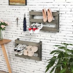 Vintage Gray Wood Wall Mounted Slat Design Shoe Storage Organizer Rack, Set of 2 (Worth $30)