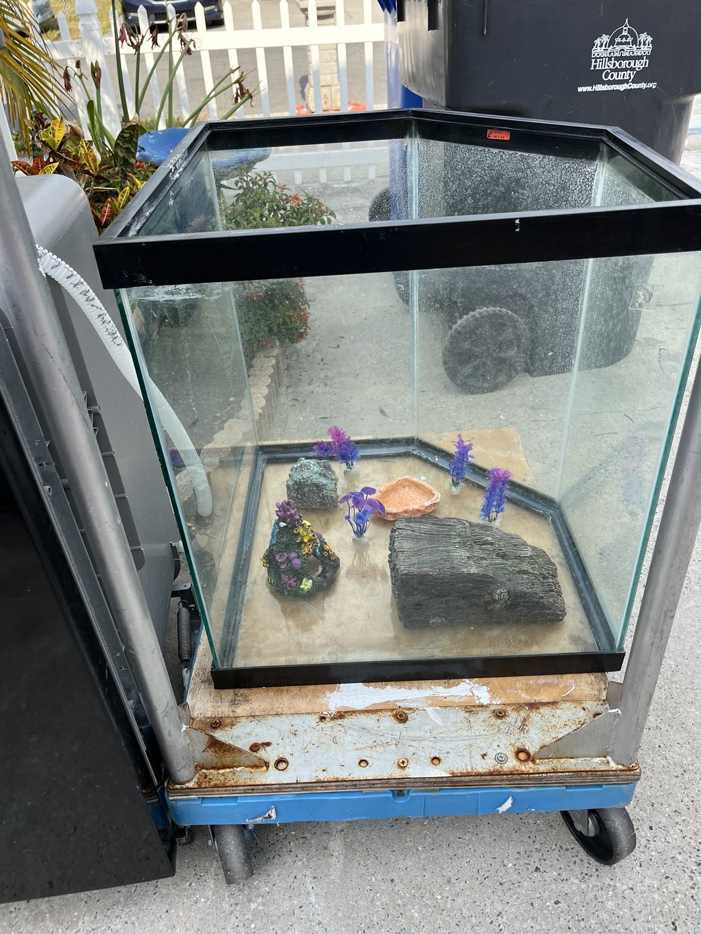 Large 5-sided leak-free fish tank with pretty decorations. The lid is cracked but it works. It measures 22 1/4 inches long, 22 1/4 inches wide, and 25