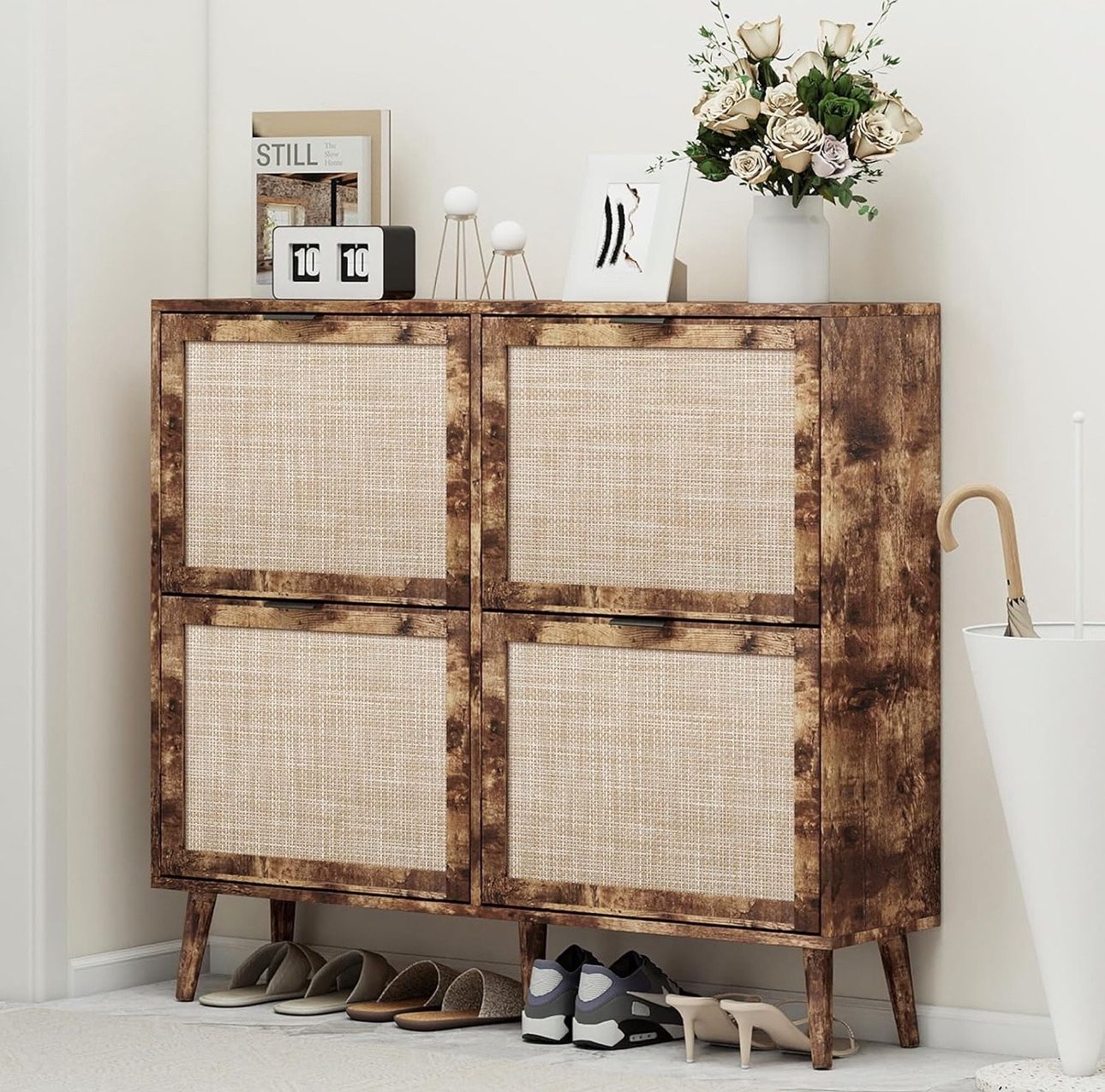 Shoe Cabinet with Flip Drawers Rattan Shoe Cabinet Storage for