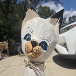 Charming Large Wood Folk Art Painted Cat Statue Sculpture