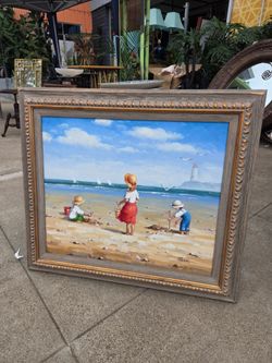 Oil on canvas, "Children on the Beach," signed by Rosa – Framed