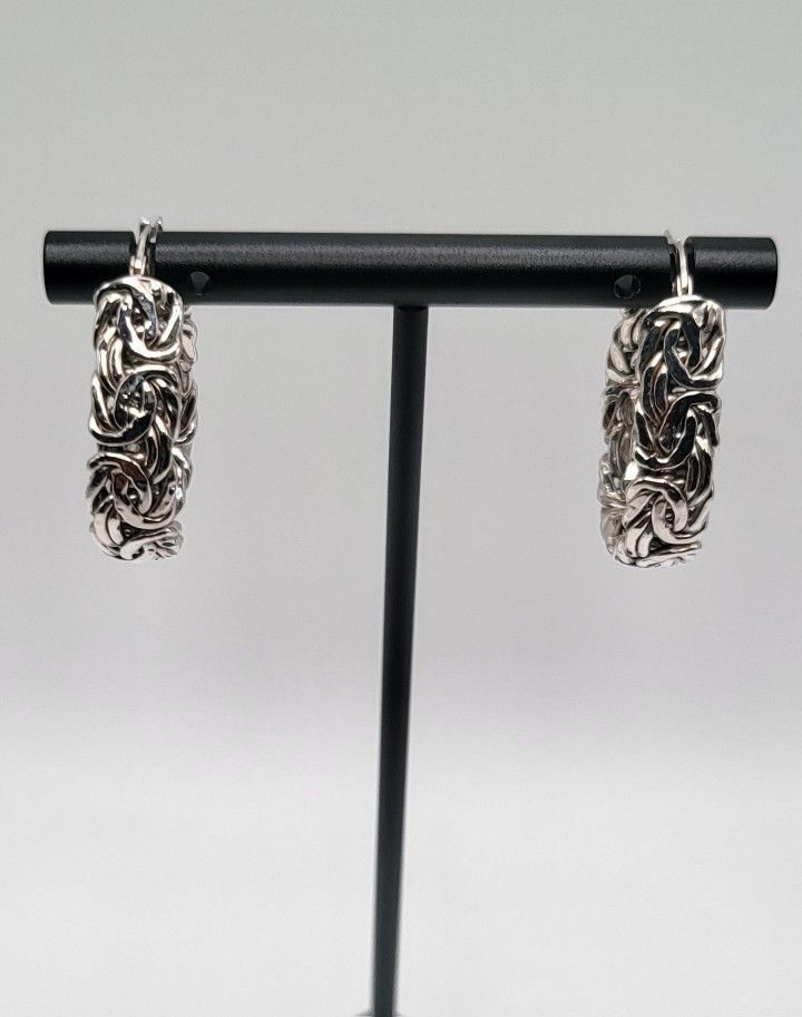Solid 14k White Gold Byzantine Hoop Earrings 