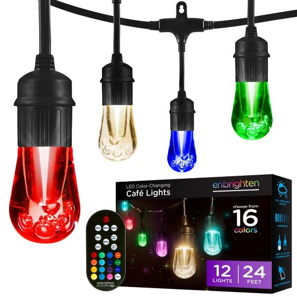 Enbrighten
Seasons
Color-Changing
Vintage
LED
Cafe
Lights,
12
Bulbs,
24ft.
Black
Cord