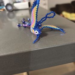 Handmade Beaded Bird Keychain Pink And Blue 