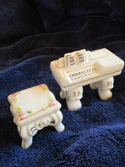 Vintage Occupied Japan Miniature Porcelain Piano & Bench Set