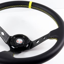 350MM Deep Dish Drift Style Yellow Stitched Black PVC Leather 6 Hole Steering Wheel -(3-SW-94125-BK-Y