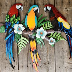 23.5" W, Large Bright Colorful Hand-Painted Three Parrots - Wall Decor - Wall Hanging