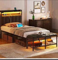Twin Bed Frame with LED Headboard and USB Ports