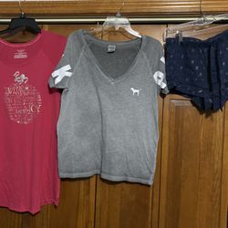 Women’s Victoria’s secret’s pink size medium nightshirt, gray tee, navy pj shorts